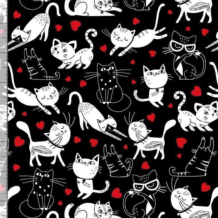 Tossed Cats and Hearts Cotton Fabric - 100% Cotton- Continuous Cuts Fat Quarters Timeless Treasures CAT CD3833