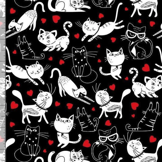 Tossed Cats and Hearts Cotton Fabric - 100% Cotton- Continuous Cuts Fat Quarters Timeless Treasures CAT CD3833