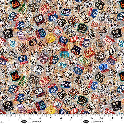 Historic Highway (Digital) 4479-95 Tan - Route 66 Signs Cotton Fabric 100% Cotton - continuous cuts Planes, Trains, Trucks