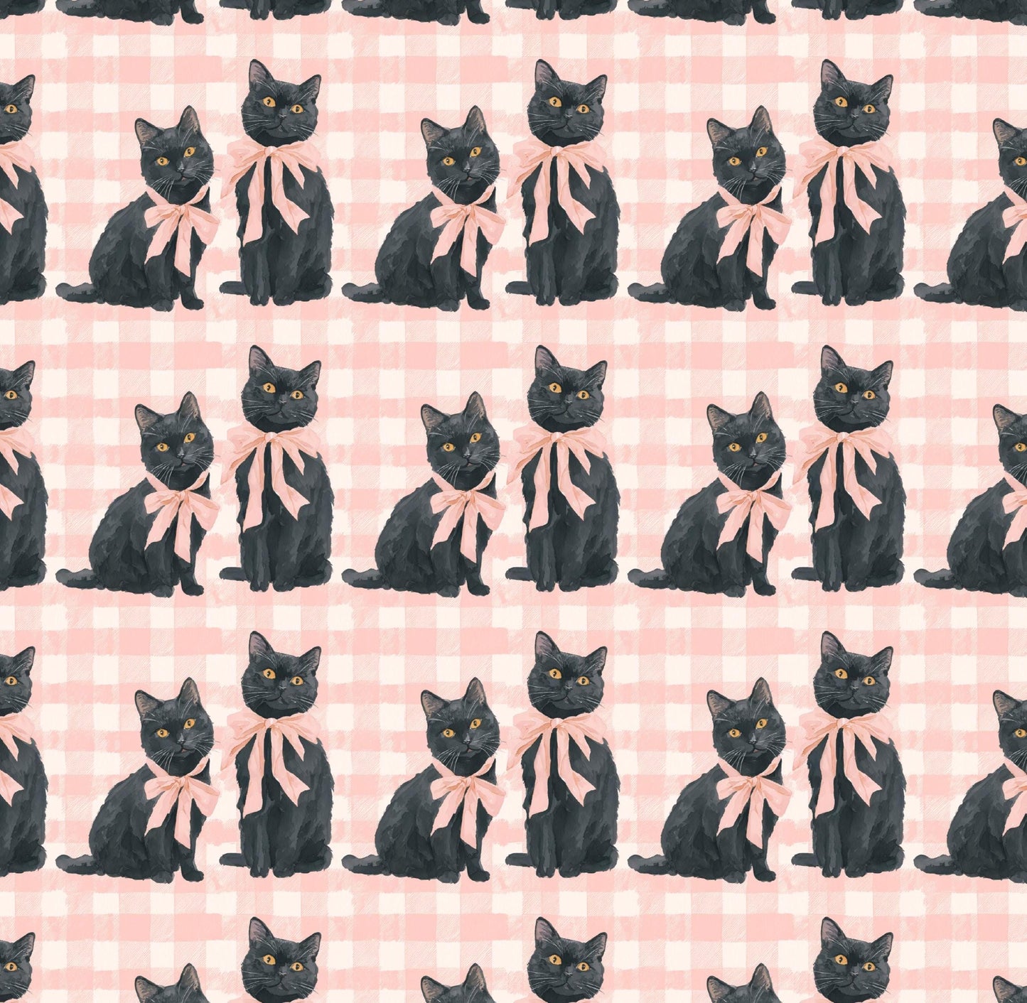 Black Cats on Pink Gingham 100% Cotton Fabric - Continuous Cuts - By Drewie Pie Fabrics