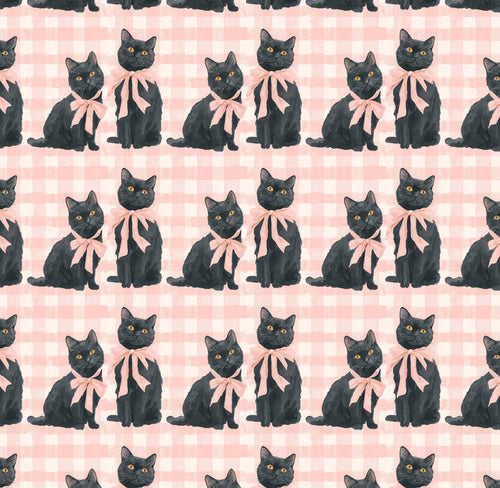 Black Cats on Pink Gingham 100% Cotton Fabric - Continuous Cuts - By Drewie Pie Fabrics