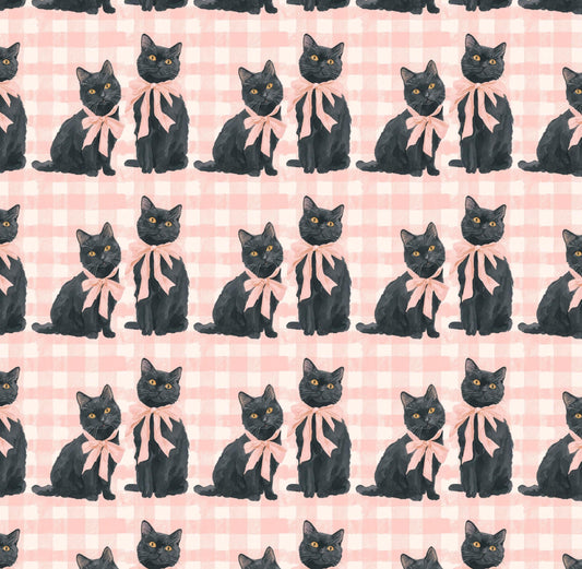 Black Cats on Pink Gingham 100% Cotton Fabric - Continuous Cuts - By Drewie Pie Fabrics
