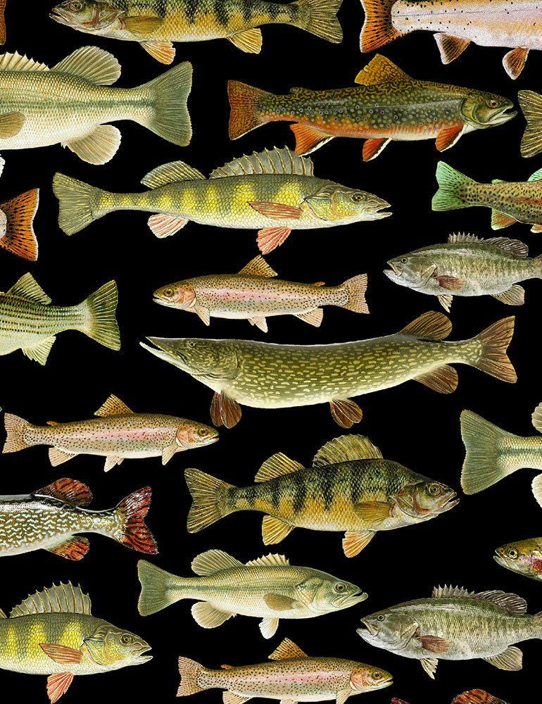 Fish on Black  100% Cotton fabric-  continuous cuts- fast shipping! TT-Nature CD6405 Black Fish