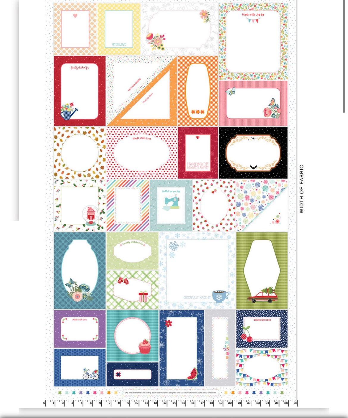 Stitched With Love Label Panel 100% Cotton -27 inches long by  44" wide Maywood Studio