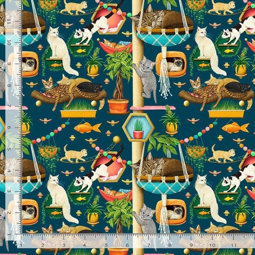 Cats on shelves - cotton fabric 100% Cotton - Fabric ROSIE CD4127 Timeless Treasures