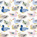 Watercolor Ducks on White Cotton fabric- Continuous cuts- 100% Cotton-