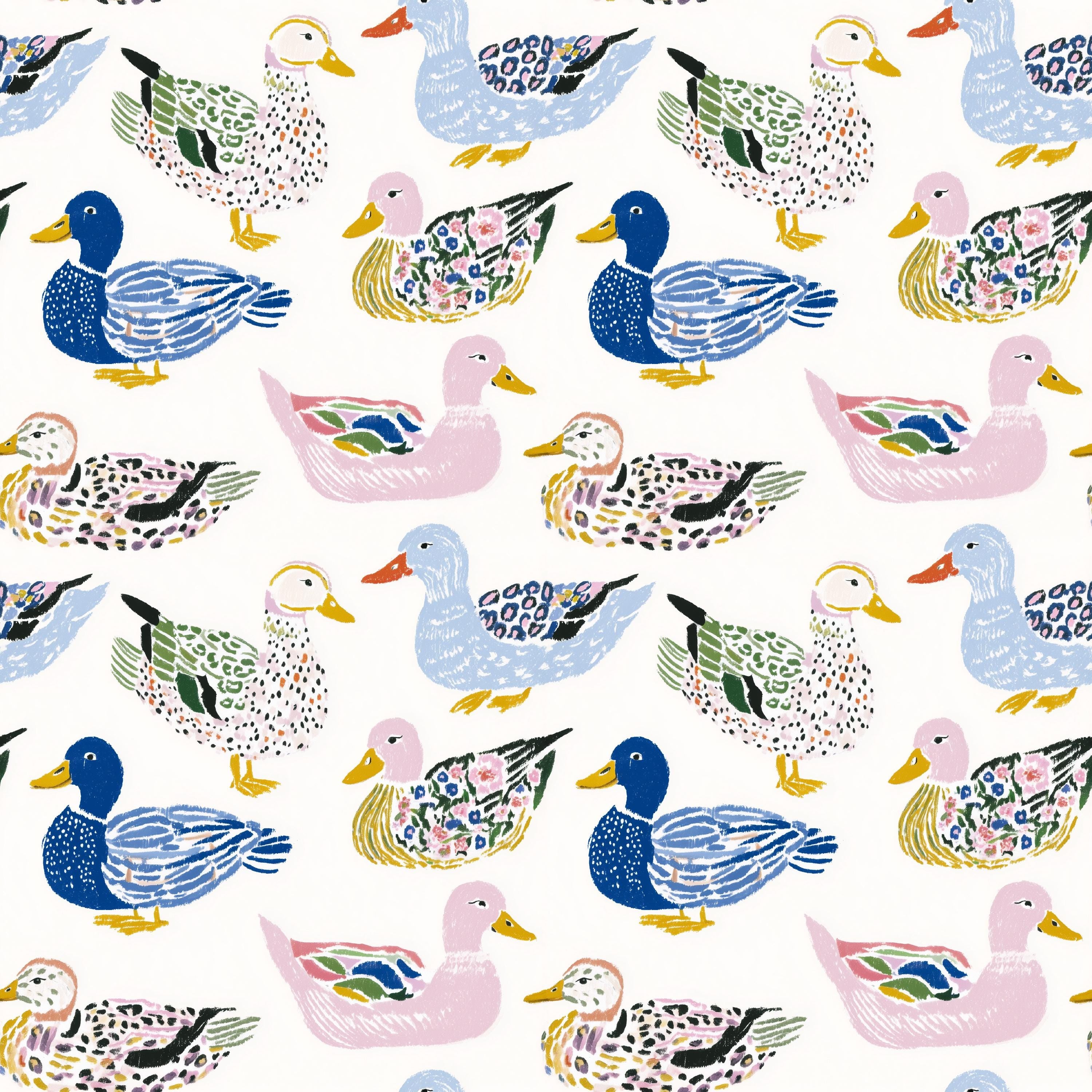 Watercolor Ducks on White Cotton fabric- Continuous cuts- 100% Cotton-