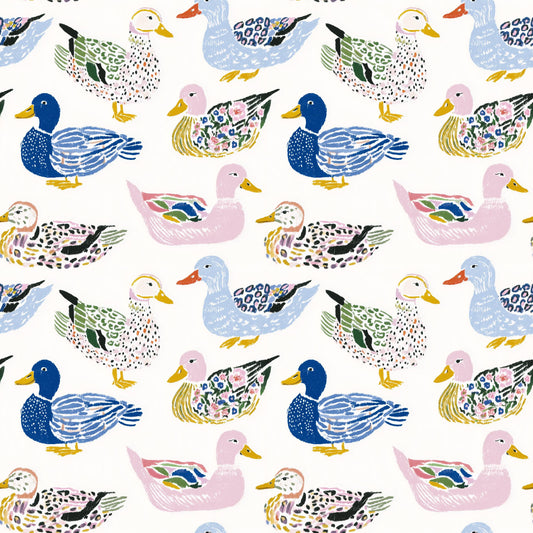 Watercolor Ducks on White Cotton fabric- Continuous cuts- 100% Cotton-