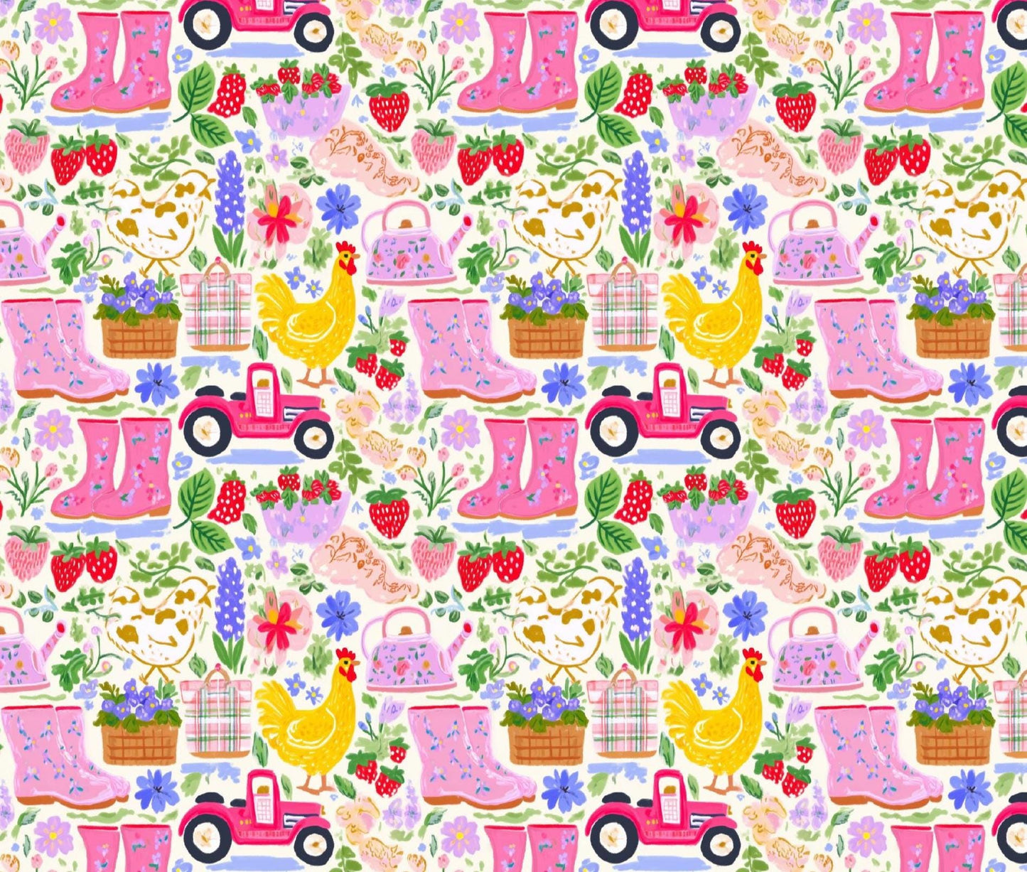 Pink Farm Watercolor Cotton fabric- Continuous cuts- 100% Cotton-