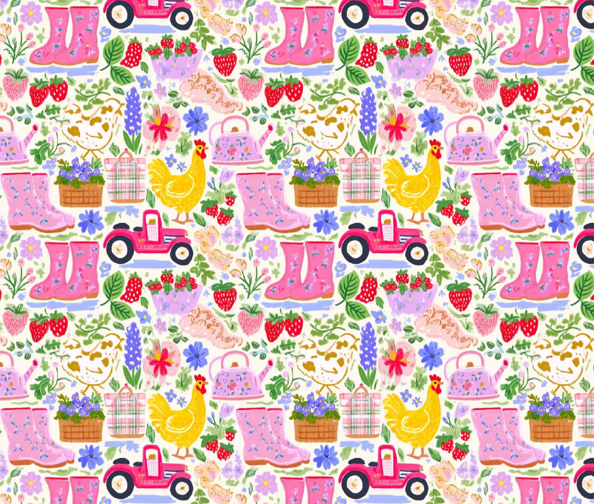 Pink Farm Watercolor Cotton fabric- Continuous cuts- 100% Cotton-