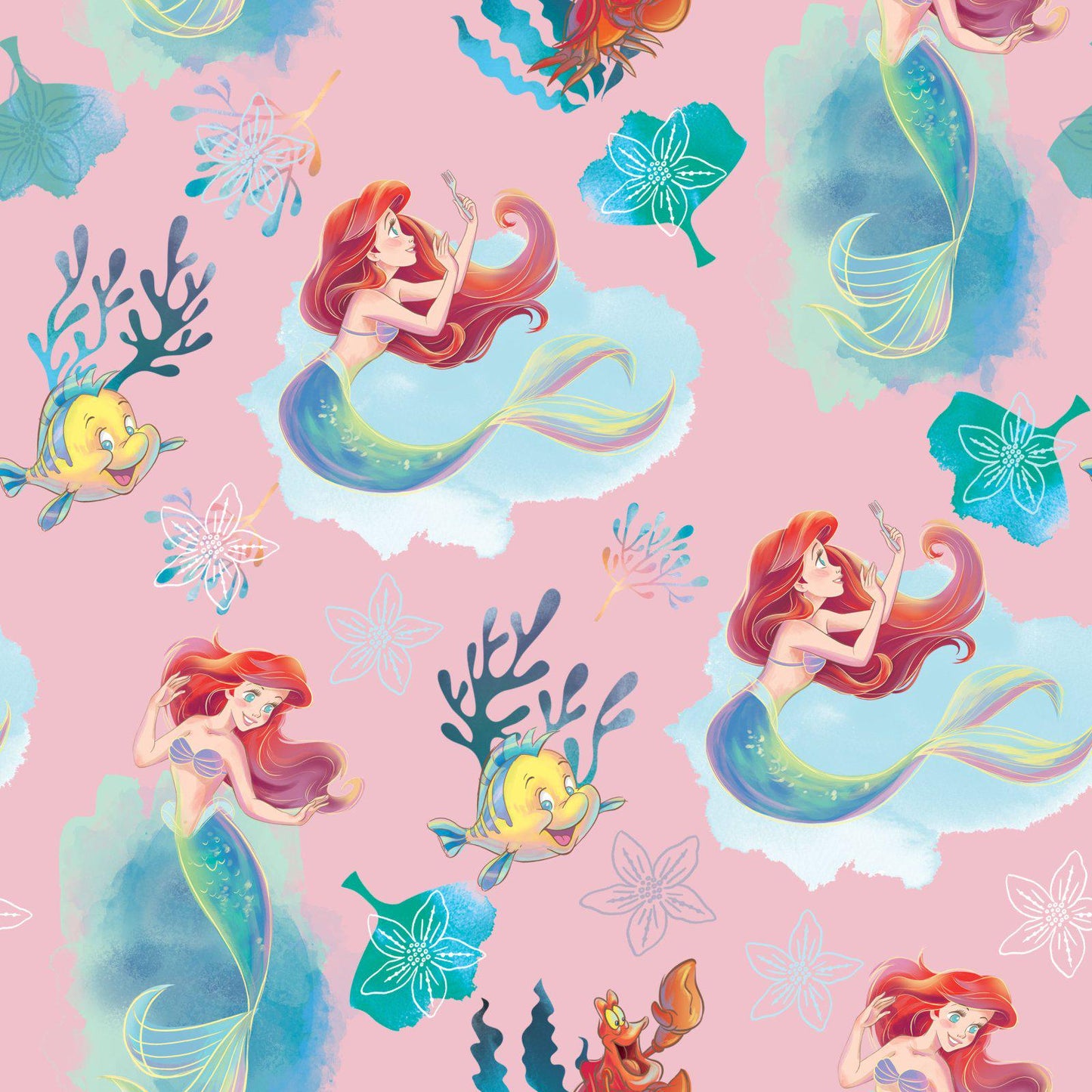 Disney Princess Ariel Pink 100% Cotton -SC-Disney 80606-A62078 Pink Ariel Licensed Fabric