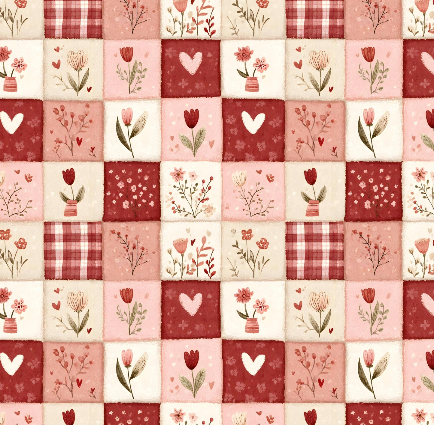 Floral Valentines Patchwork by DigiBunnyStudio Cotton Fabric-  100% Cotton Continuous Cuts Drewie Pie Fabrics - Floral Tiles Stamps