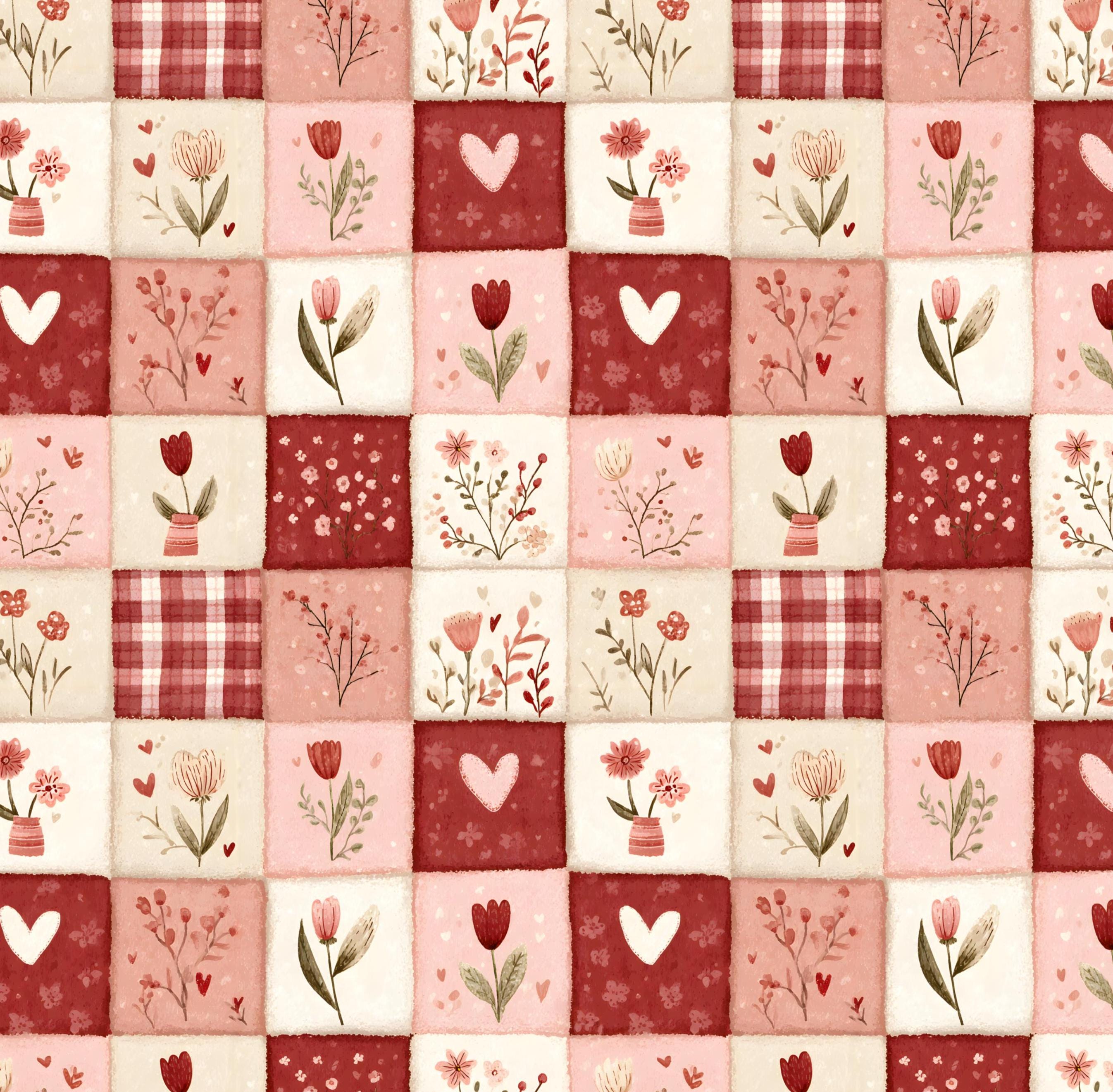 Floral Valentines Patchwork by DigiBunnyStudio Cotton Fabric- 100% Cotton Continuous Cuts Drewie Pie Fabrics - Floral Tiles Stamps