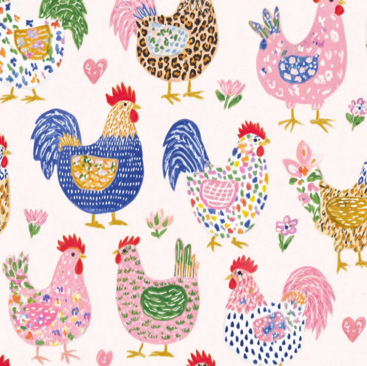 Watercolor Chickens Cotton fabric- Continuous cuts- 100% Cotton- Drewie Pie Fabrics