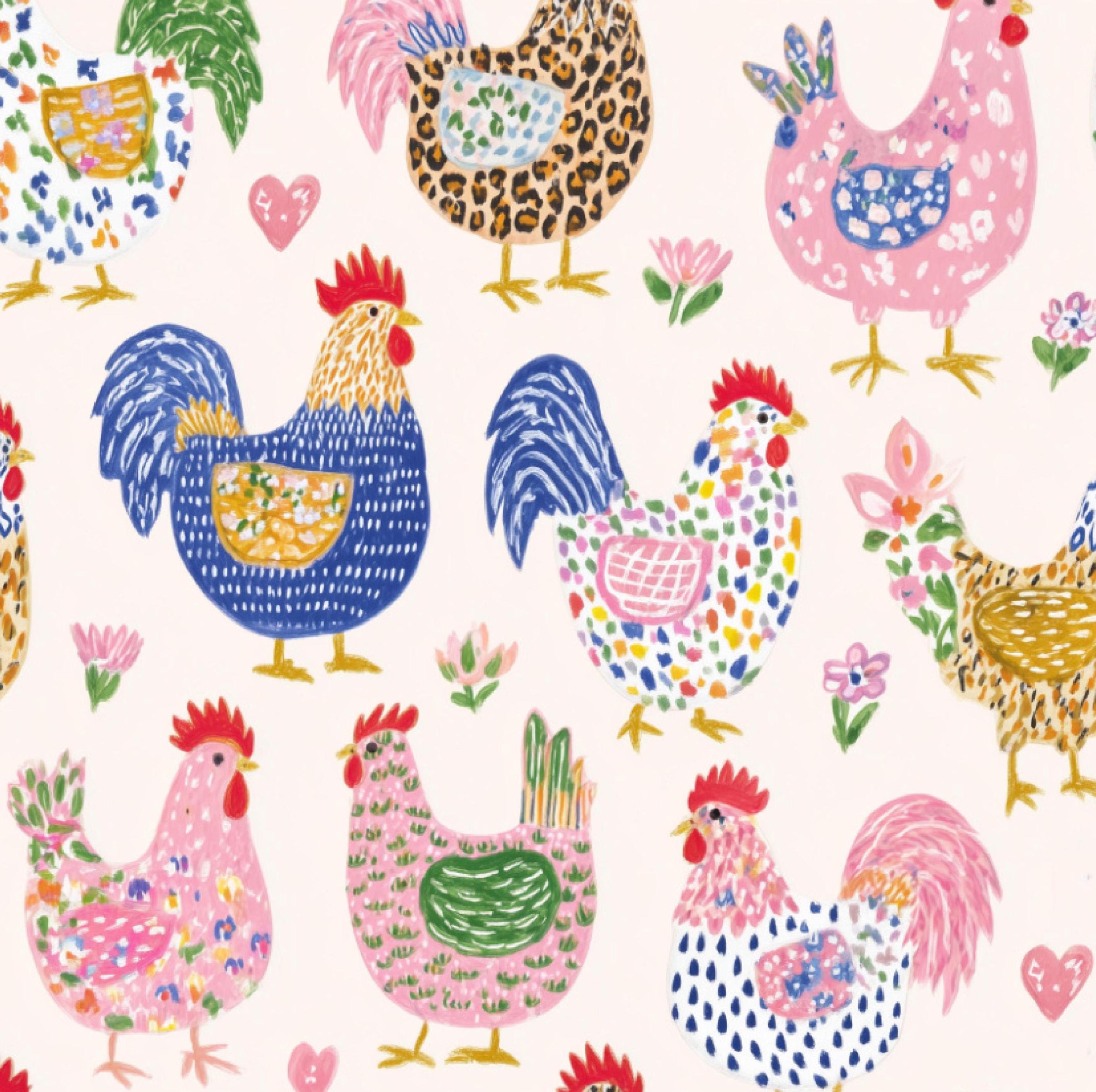 Watercolor Chickens Cotton fabric- Continuous cuts- 100% Cotton- Drewie Pie Fabrics