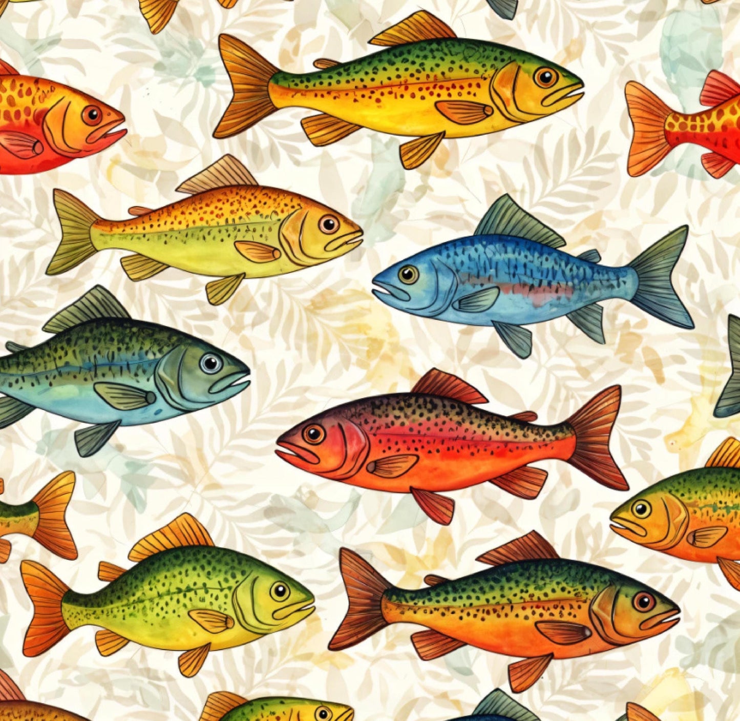 Watercolor Outdoor Fish cotton fabric Continuous cuts- Drewie Pie Fabrics