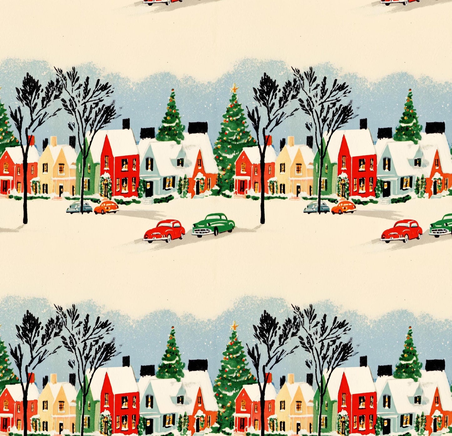 Watercolor Winter Scene Village Cotton fabric 100% Cotton - Drewie Pie Fabrics