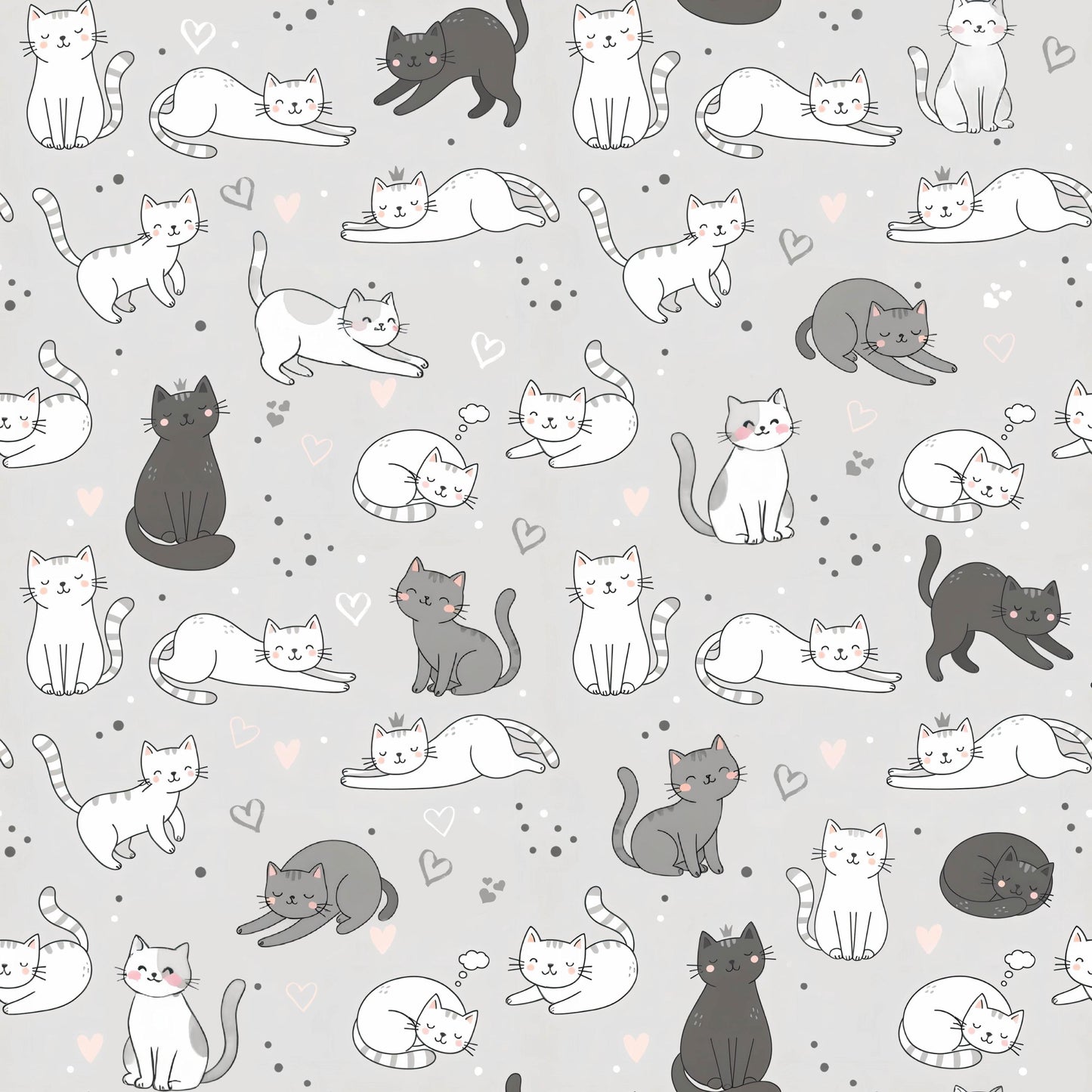 Cats on Gray Cotton Fabric - 100% Cotton- Continuous Cuts -Drewie Pie Fabrics