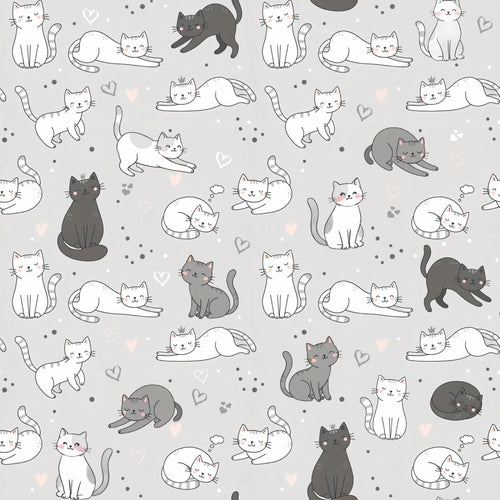 Cats on Gray Cotton Fabric - 100% Cotton- Continuous Cuts -Drewie Pie Fabrics