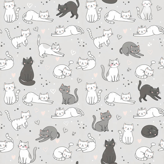 Cats on Gray Cotton Fabric - 100% Cotton- Continuous Cuts -Drewie Pie Fabrics