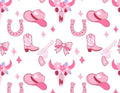 Pink Cowgirl Tossed Hats & Boots Cotton Fabric- 100% Cotton - Fabric- continuous cuts