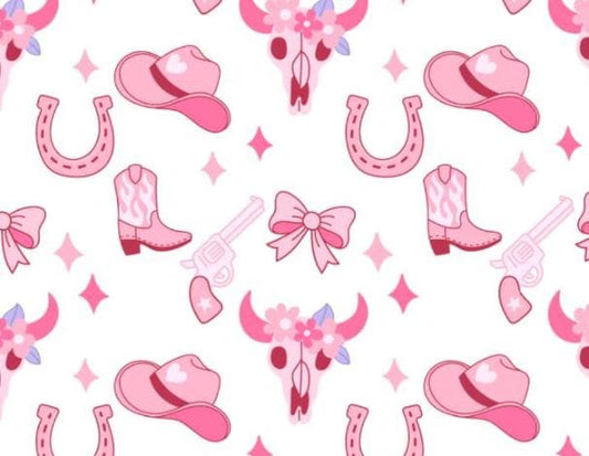Pink Cowgirl Tossed Hats & Boots Cotton Fabric- 100% Cotton - Fabric- continuous cuts