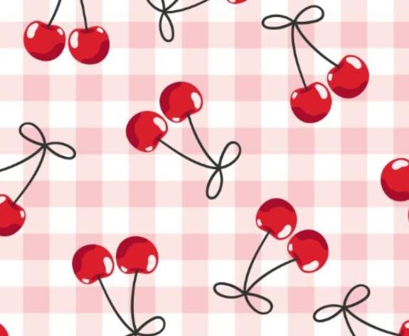 Cherries on Pink Gingham- continuous cuts -100% Cotton - Pink Red Cherries