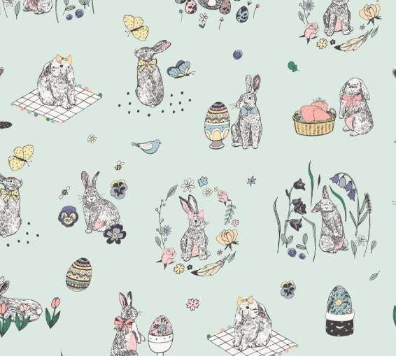 Easter Bunny Sketches Cotton Fabric - 100% Cotton- Continuous Cuts