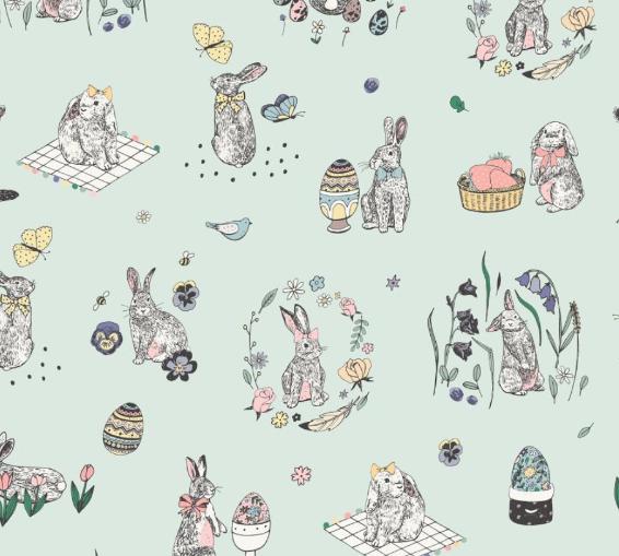 Easter Bunny Sketches Cotton Fabric - 100% Cotton- Continuous Cuts