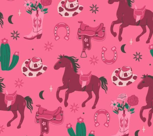 Bold Pink Cowgirl Tossed Hats & Boots Cotton Fabric- 100% Cotton - Fabric- continuous cuts