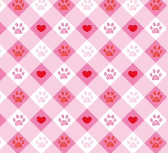 Paw Prints & Hearts on Pink Plaid Cotton fabric - 100% Cotton - Continuous Cuts