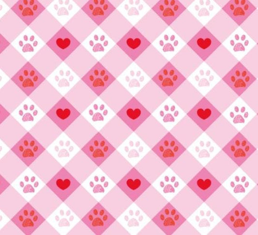 Paw Prints & Hearts on Pink Plaid Cotton fabric - 100% Cotton - Continuous Cuts