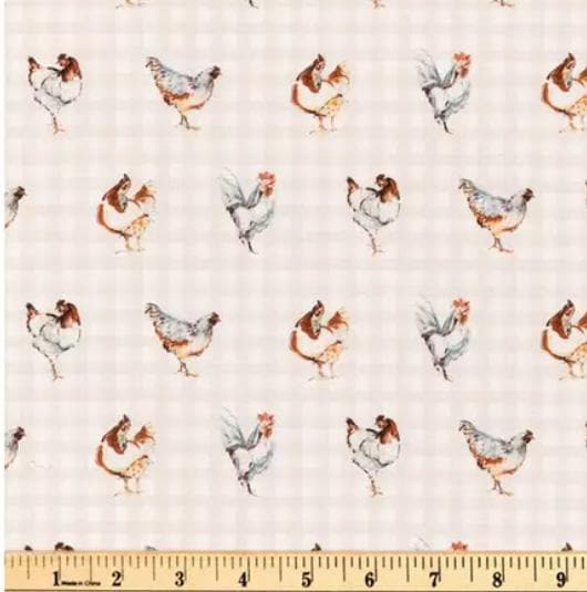 Vintage Chickens on Gingham Cotton Fabric - 100% Cotton Continuous Cuts