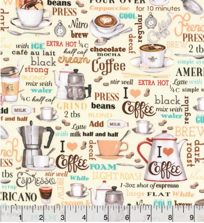 Coffee House Signs Cotton Fabric - 100% Cotton Robert Kaufman Fabric