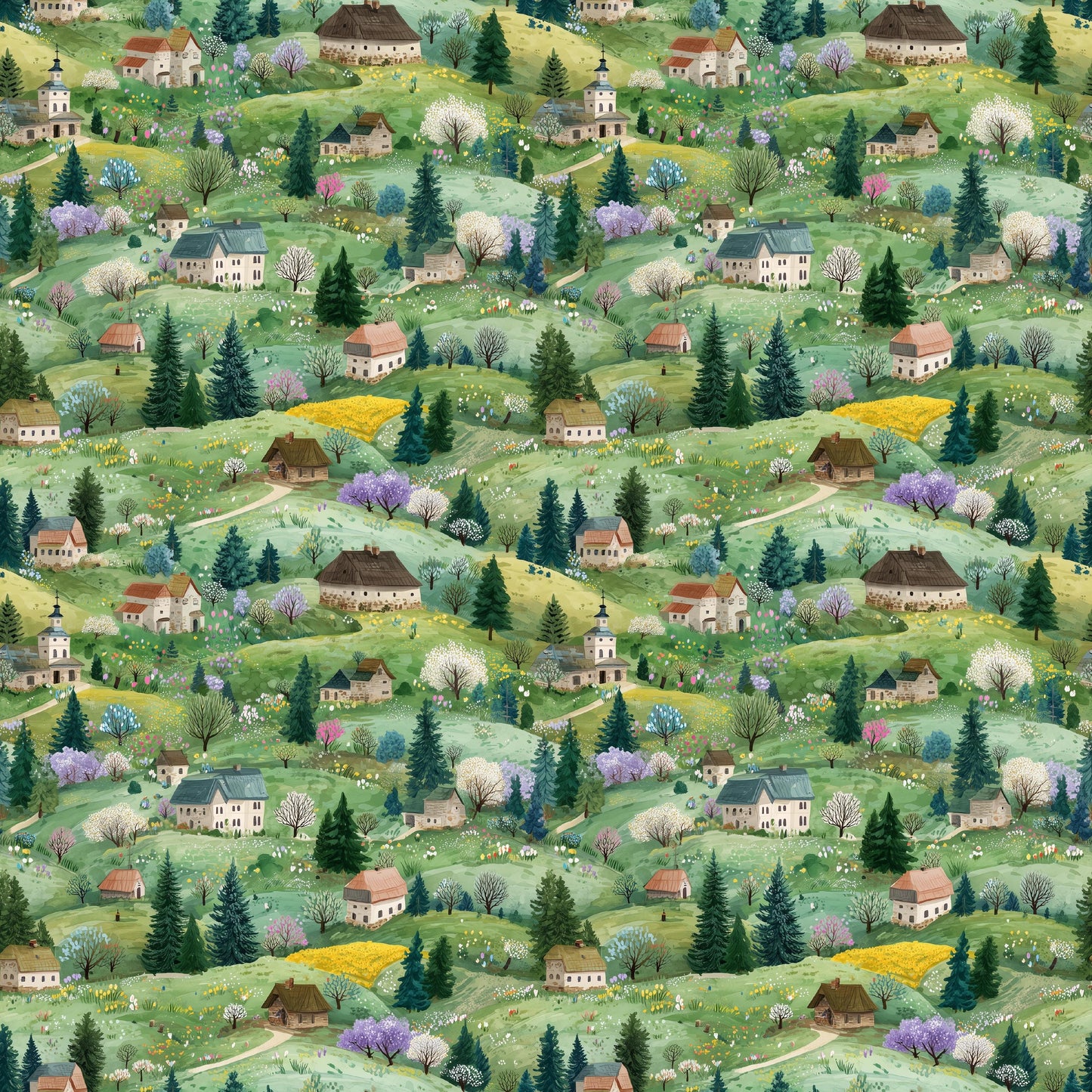 Country Meadow Village Cotton fabric 100% Cotton