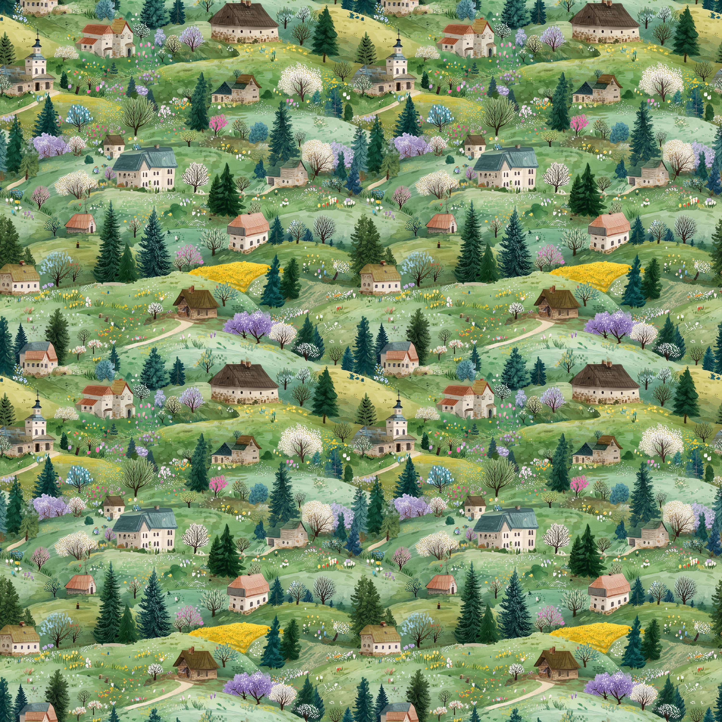 Country Meadow Village Cotton fabric 100% Cotton