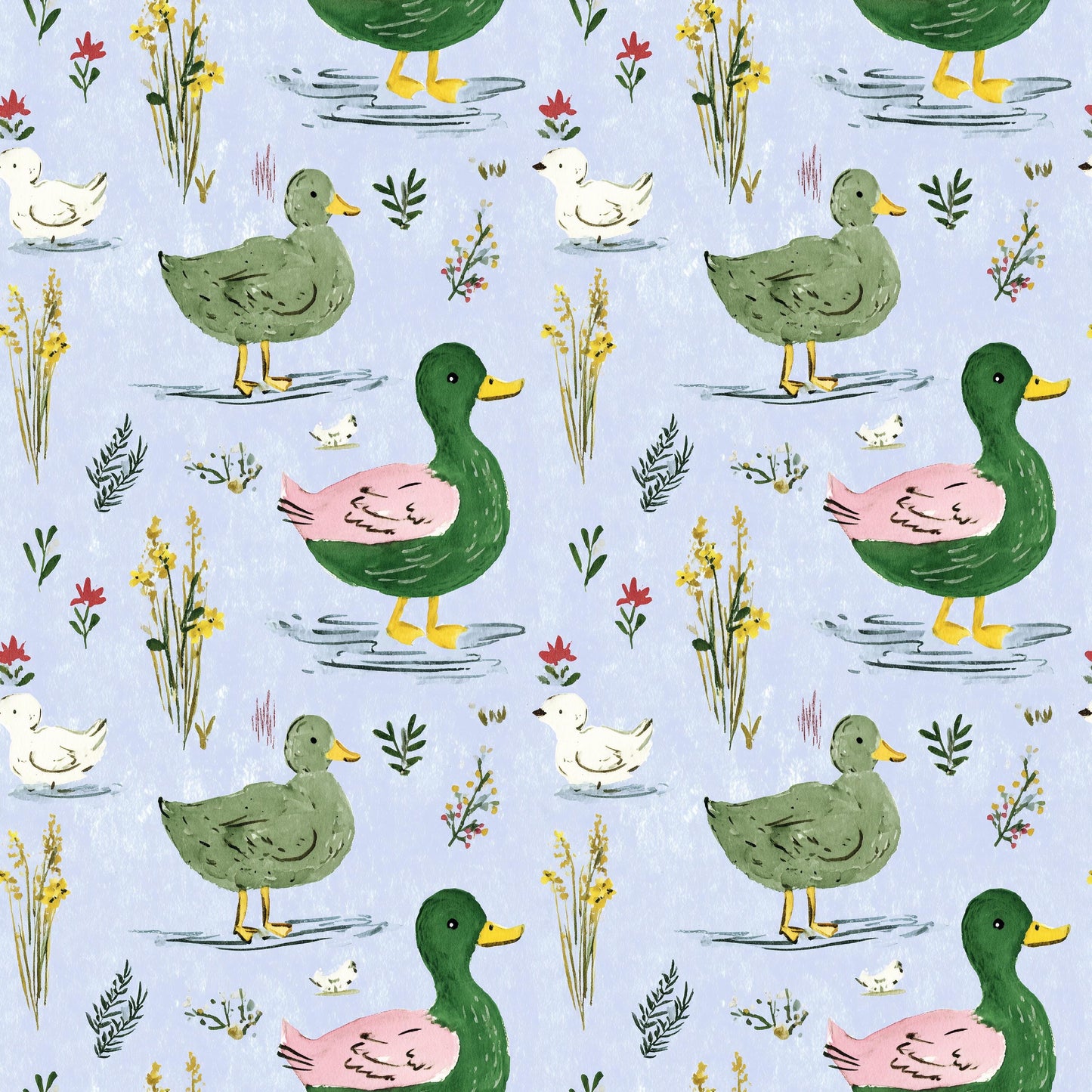 Watercolor Ducks Cotton fabric- Continuous cuts- 100% Cotton-