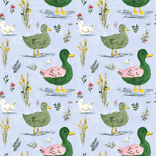 Watercolor Ducks Cotton fabric- Continuous cuts- 100% Cotton-
