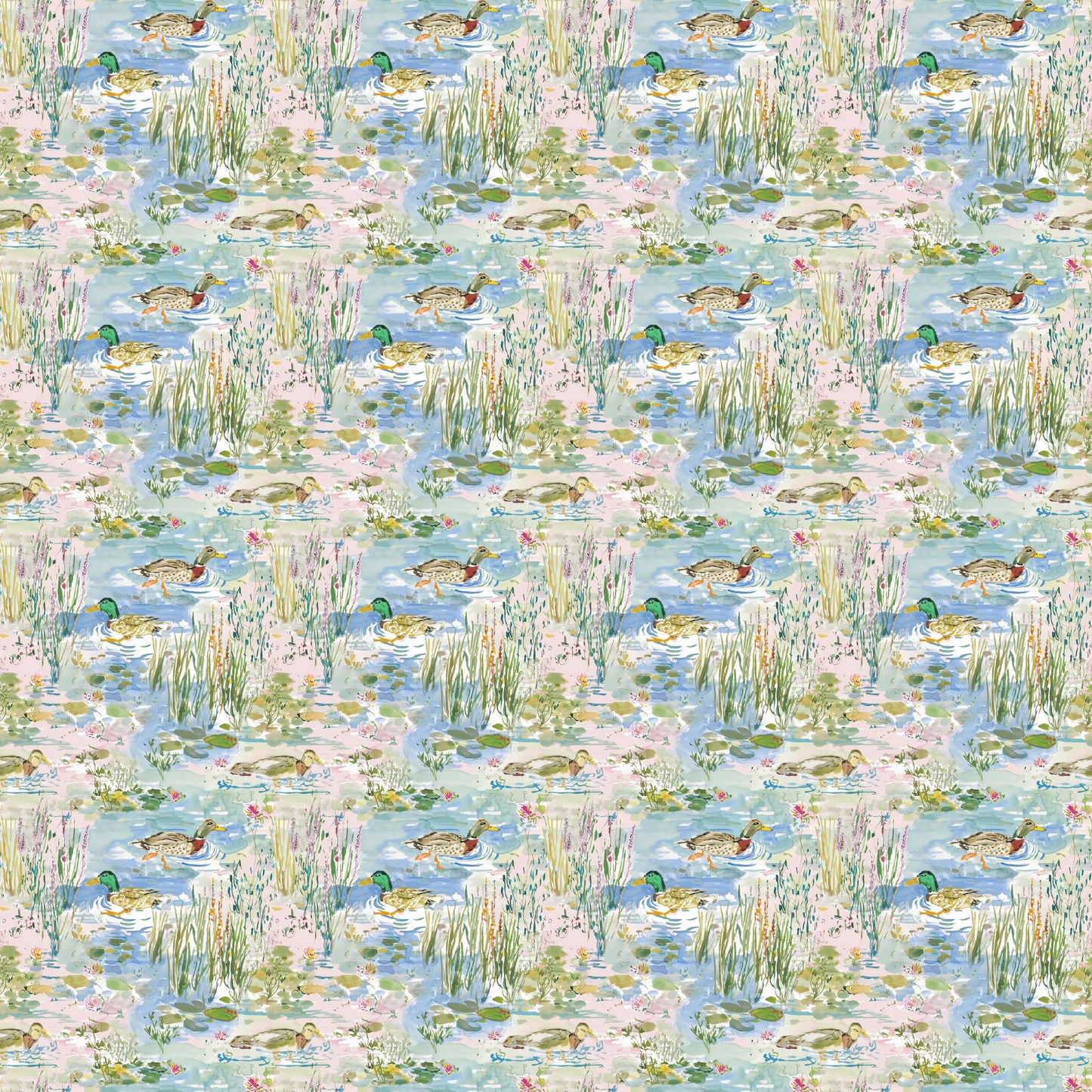 Watercolor Ducks & Pond Cotton fabric- Continuous cuts- 100% Cotton-