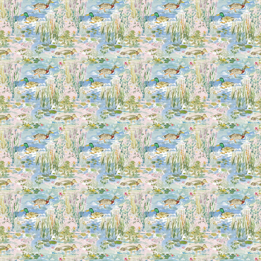 Watercolor Ducks & Pond Cotton fabric- Continuous cuts- 100% Cotton-
