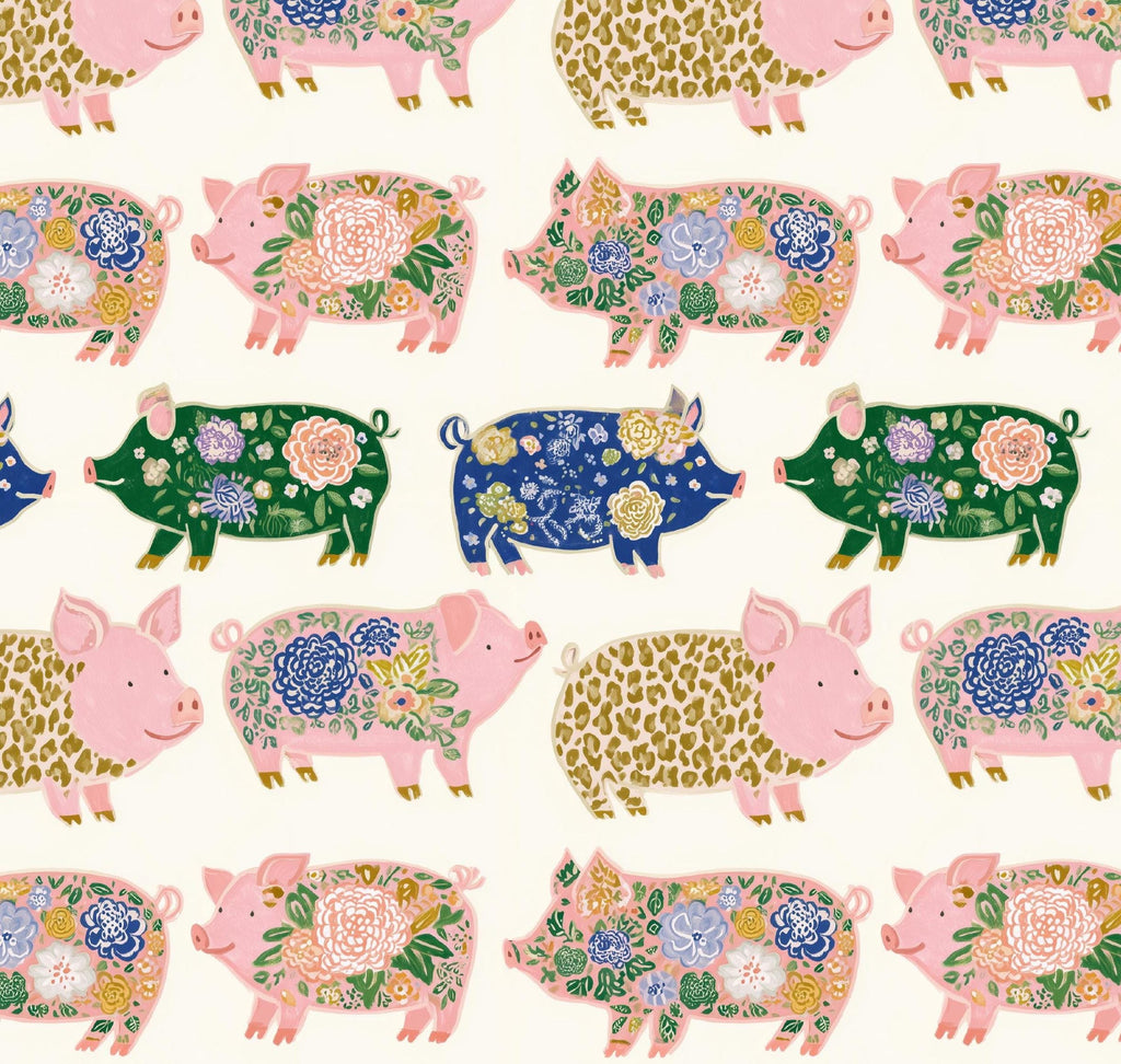 Watercolor Pigs on White Cotton fabric- Continuous cuts- 100% Cotton-