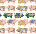 Watercolor Pigs on White Cotton fabric- Continuous cuts- 100% Cotton-