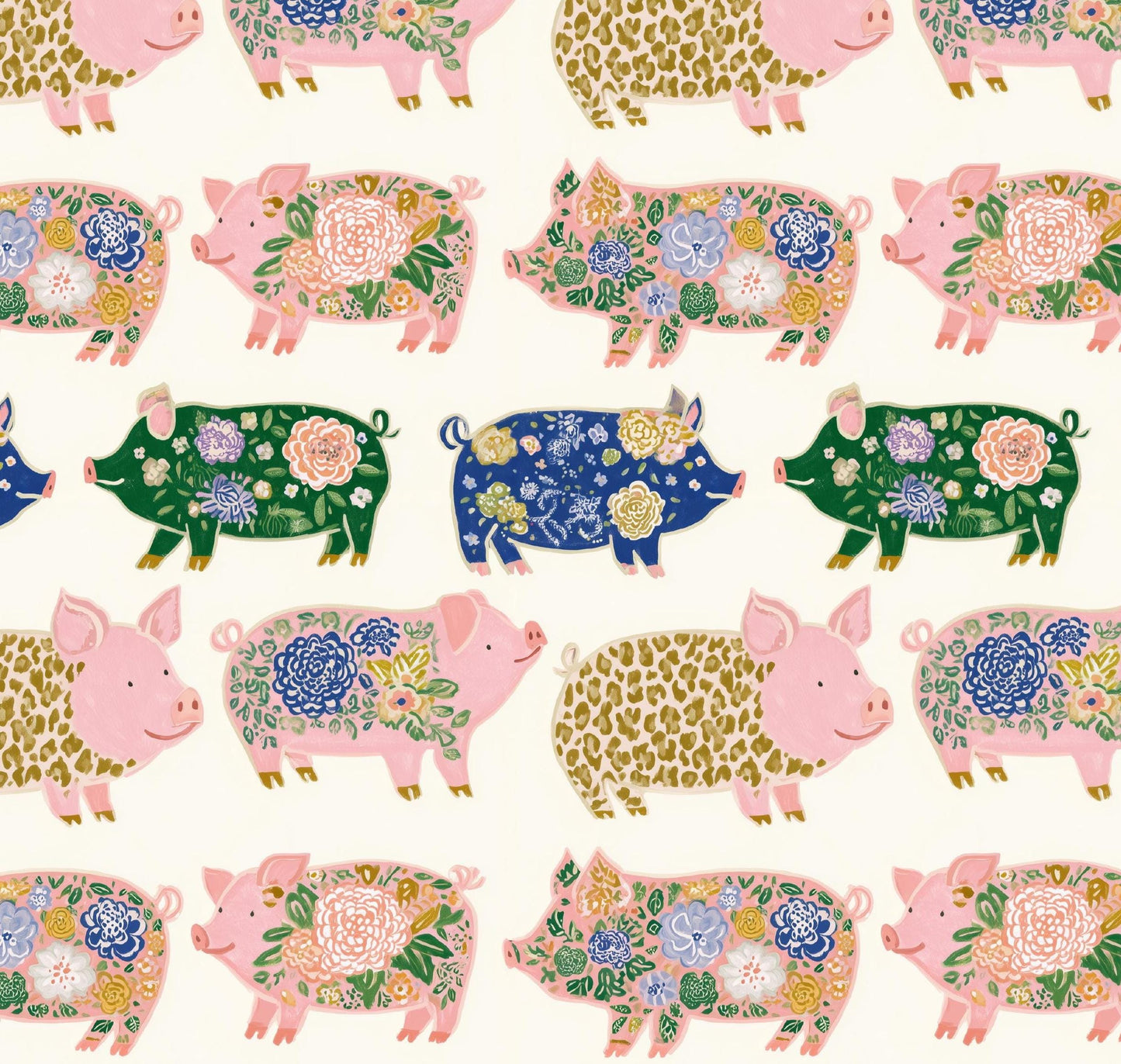 Watercolor Pigs on White Cotton fabric- Continuous cuts- 100% Cotton-