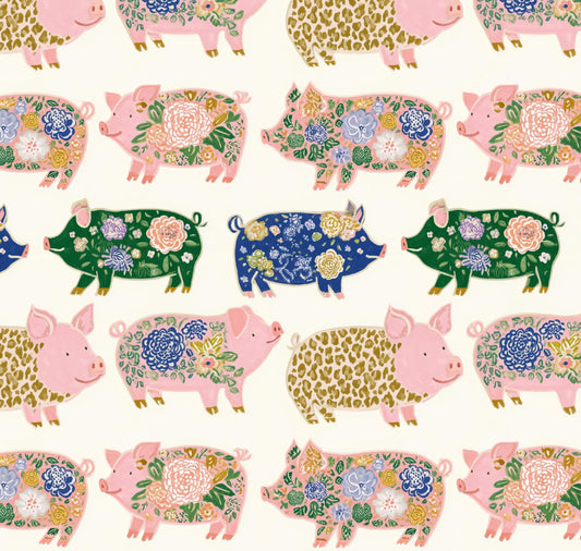 Watercolor Pigs on White Cotton fabric- Continuous cuts- 100% Cotton-