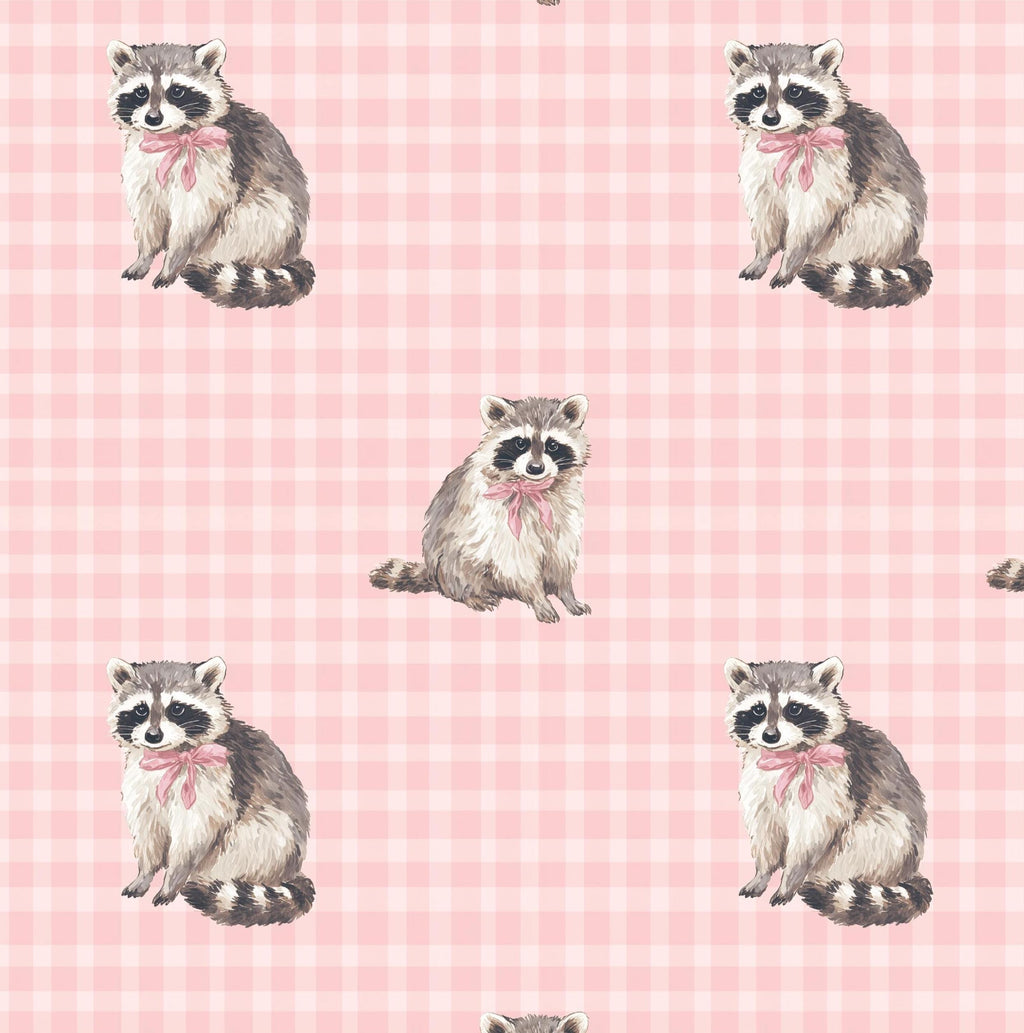 Racoon on Pink Gingham 100% Cotton Fabric - Continuous Cuts - By Drewie Pie Fabrics