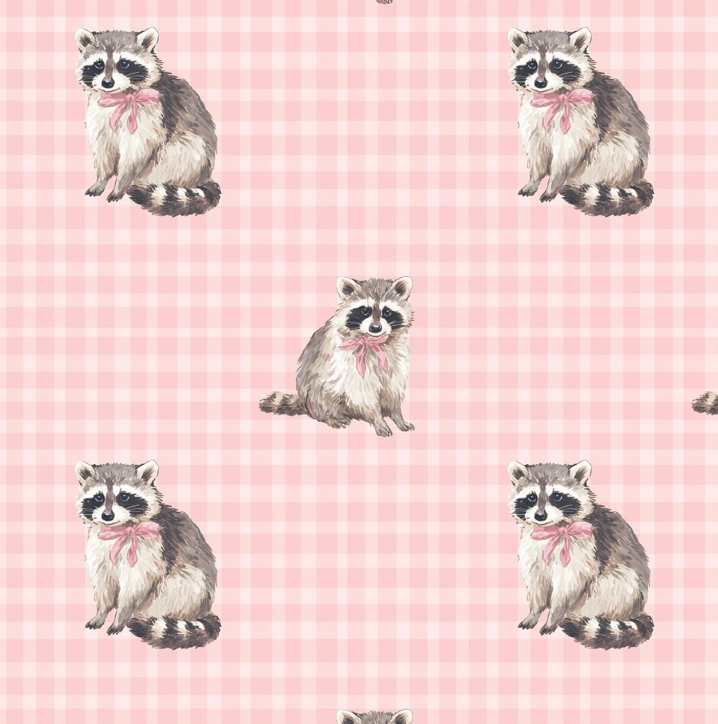 Racoon on Pink Gingham 100% Cotton Fabric - Continuous Cuts - By Drewie Pie Fabrics