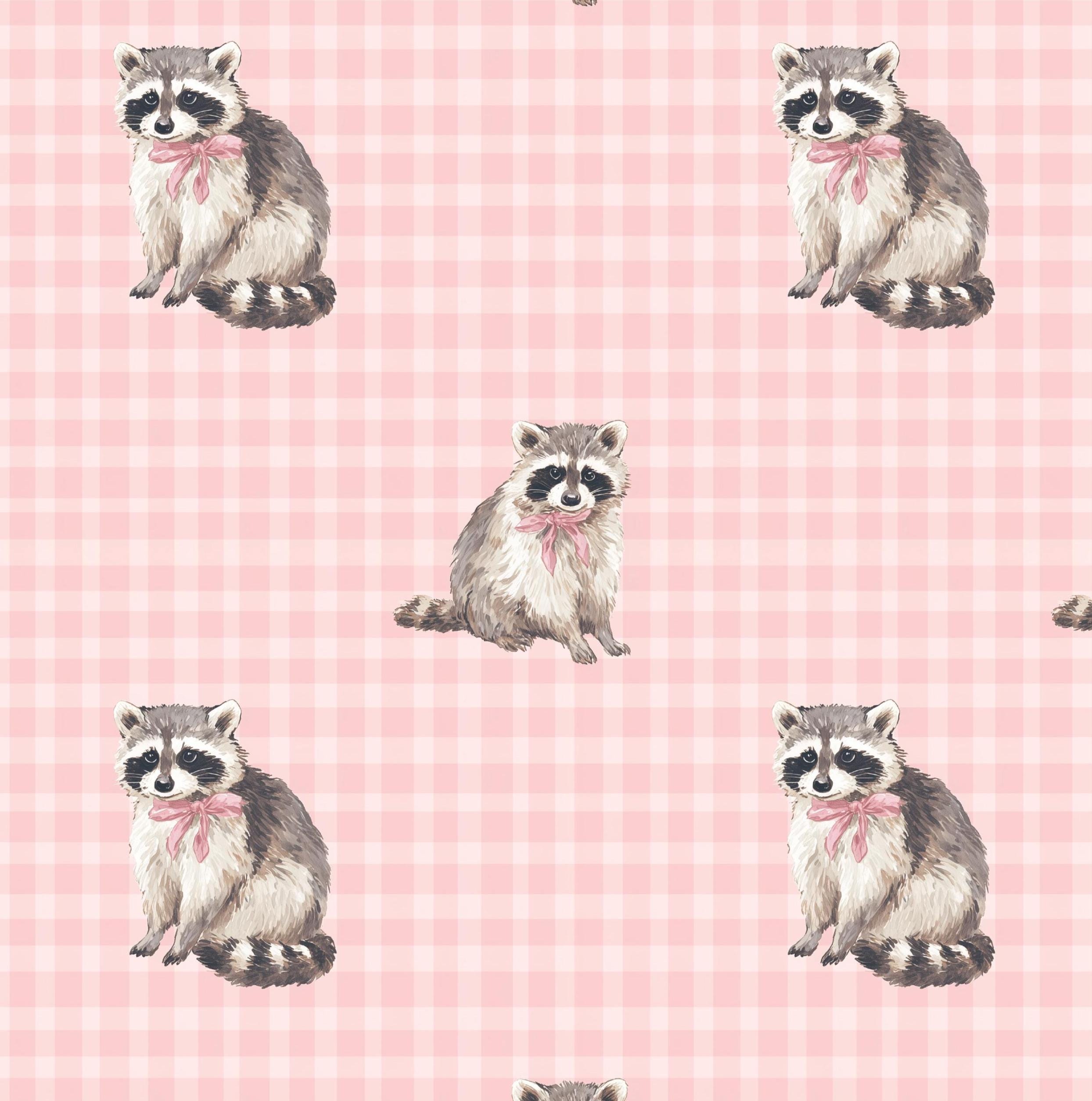 Racoon on Pink Gingham 100% Cotton Fabric - Continuous Cuts - By Drewie Pie Fabrics