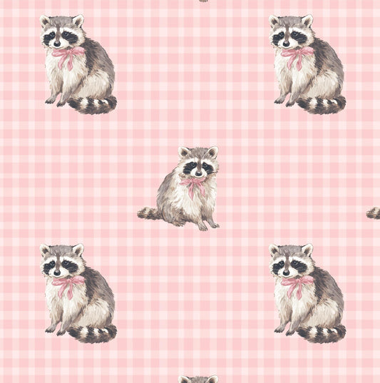Racoon on Pink Gingham 100% Cotton Fabric - Continuous Cuts - By Drewie Pie Fabrics