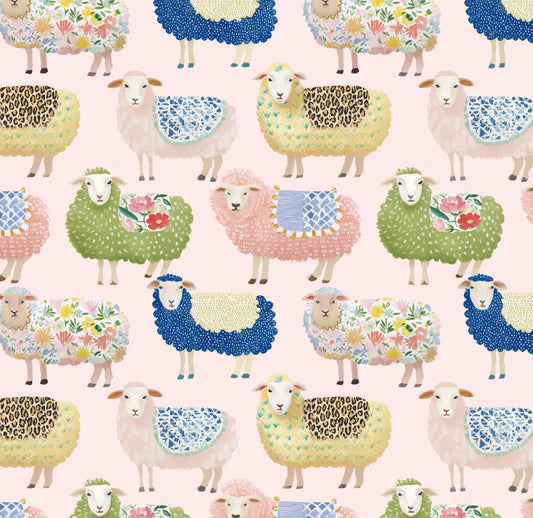 Watercolor Sheep Cotton fabric- Continuous cuts- 100% Cotton-