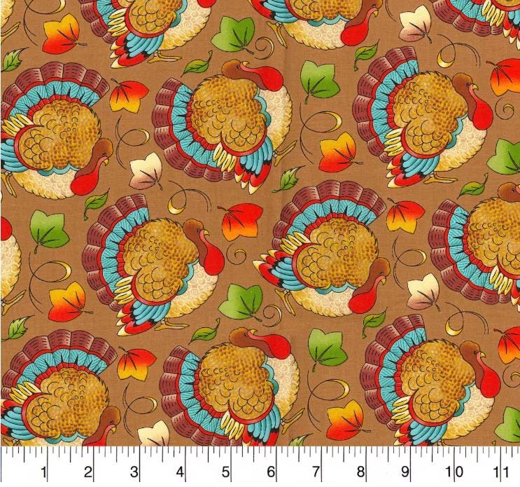 Fall Turkeys on Brown Cotton fabric - thanksgiving- fall- autumn 100% Cotton -